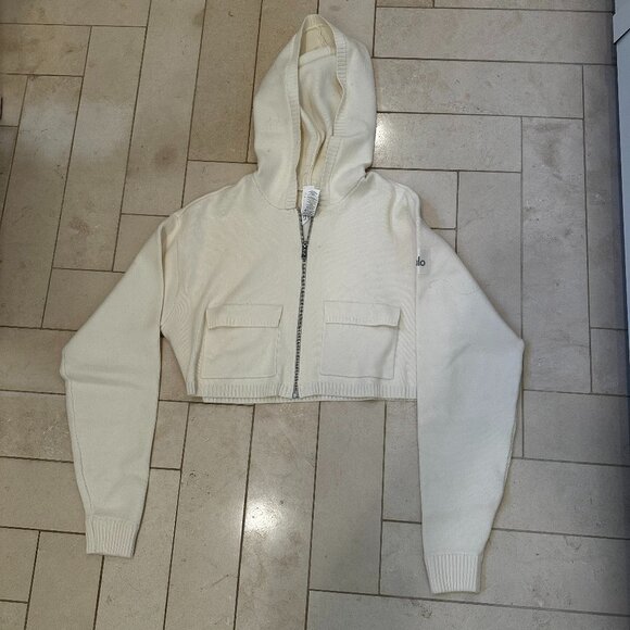 ALO Cropped Cotton Knit Ivory Zip Hoodie - Picture 1 of 4